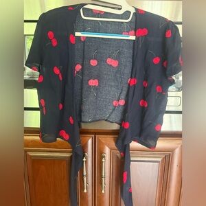 Bershka Cherry Print Blouse - Navy and Red